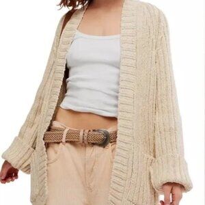 FREE PEOPLE BLOSSOM OPEN FRONT COTTON CHUNKY RIB CARDIGAN IVORY PASTEL SZ M NEW